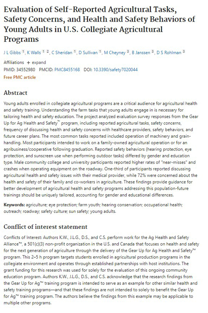 Evaluation of Self-Reported Agricultural Tasks, Safety Concerns, and Health and Safety Behaviors of Young Adults in U.S. Collegiate Agricultural Programs
