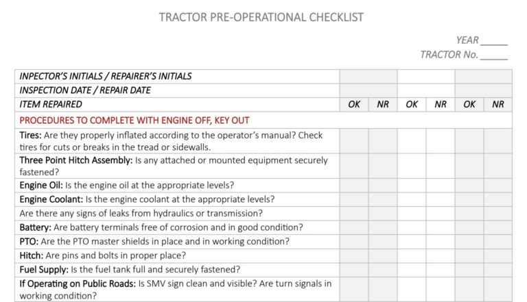 Tractor Pre-Operational Checklist (GPCAH)